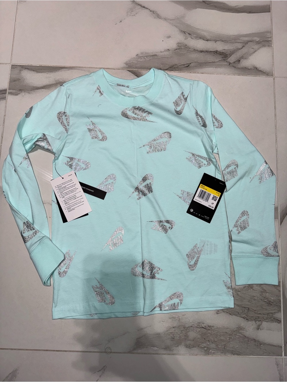 Nike Kids Long-Sleeve Tee in Light Aqua with Silver Swoosh Print